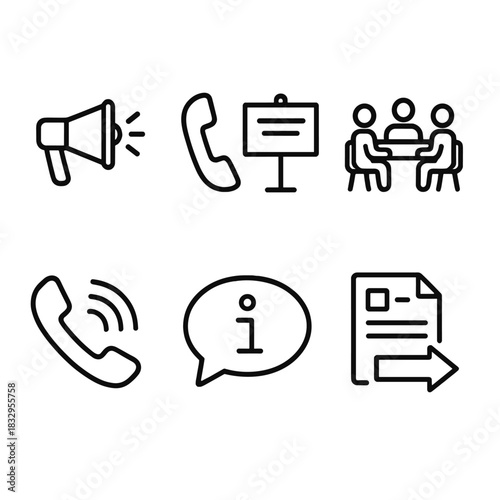 Public Service Icons. Public Service Roles Communication linear icon set: announcement speaker, call icon, message board, meeting table, hotline phone, info bubble, report sheet