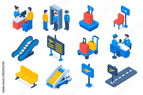 Airport Icons Set. Airport Routine flat icons set. check-in counter, security scanner, baggage scale, boarding gate, escalator, flight information board, luggage trolley, passport