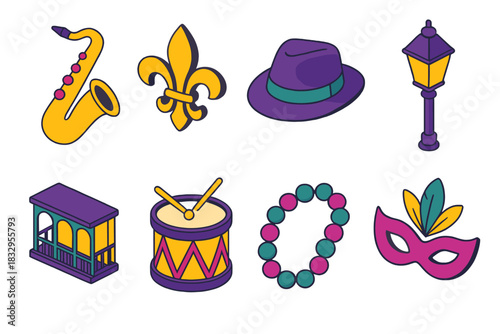 New Orleans Icons. New Orleans Vibes flat icons set. saxophone, fleur-de-lis, jazz hat, streetlamp, balcony, marching band drum, beads, masquerade mask