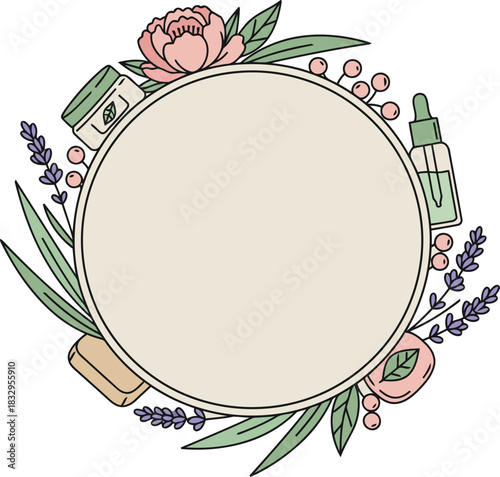 Display your organic skincare products with a floral frame featuring lavender peony and herbs