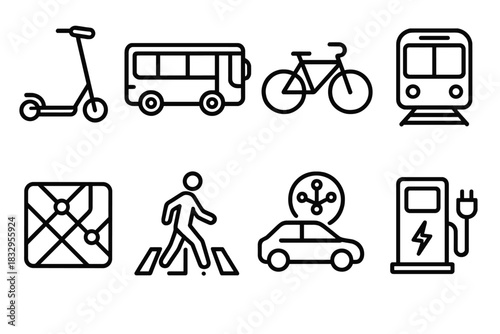 Urban Mobility Icons. Urban Mobility Set linear icon set: electric scooter, city bus, bicycle, metro train, traffic map, pedestrian crosswalk, car-sharing icon, charging station