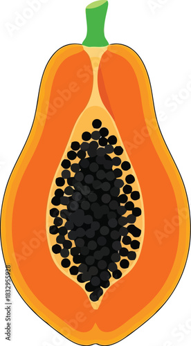 Half papaya slice with black seeds, tropical fruit