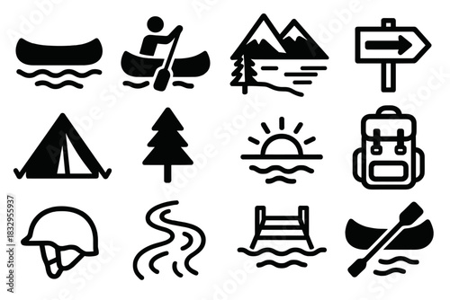 Canoe Adventure Icons. Wilderness Canoe Journey linear icon set: canoe silhouette, paddle strokes, mountain lake, trail sign, tent, pine tree, ripples, sunrise, gear pack, safety