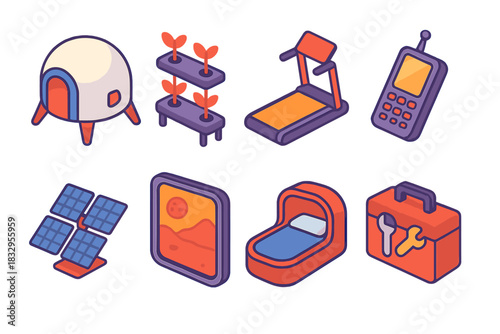 Martian Lifestyle Icons. Martian Lifestyle flat icon set: habitat pod, food supply, exercise module, communication device, solar grid, window view, sleeping pod, tool kit