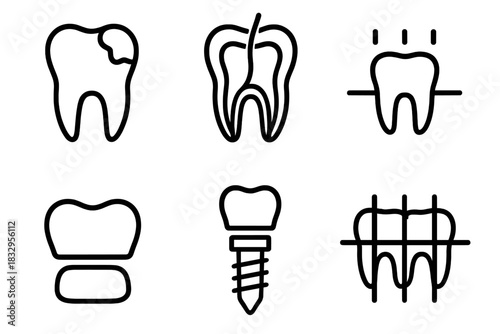 Dental Diagnostic Icons. Oral Diagnostics Set linear icon set: cavity marker, root canal view, gum line scan, crown outline, implant post, alignment grid
