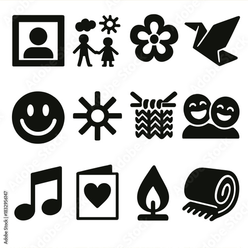 Bold Memory Icons. Memory and joy silhouette icon set. photo frame, family drawing, flower pattern, paper bird, smile, sunbeam, knitting piece, shared laughter, musical note