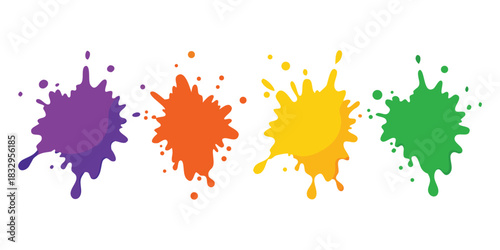 Colorful splatters of paint in purple orange yellow and green on a white background art
