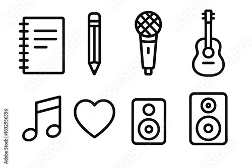 Songwriting Icon Set. Songwriting linear icon set. notebook, pencil, microphone, guitar, note, heart, speaker, record button.