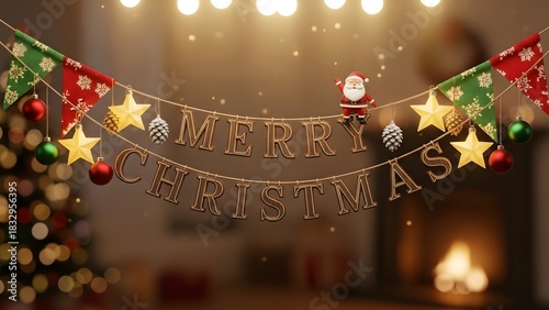 3d illustration of merry christmas banner decoration with light