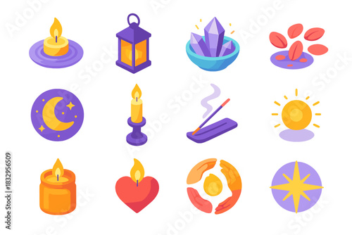 Spiritual Icon Set. Spiritual Light Set flat icons set. floating candle, lantern, crystal bowl, flower petals, moonlight, candle stand, incense smoke, warm glow, candle jar, flame