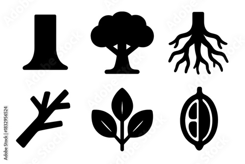 Brutalist Tree Icon Set. Tree Elements Set silhouette icon set: trunk, canopy, roots, branch, leaf cluster, seed pod