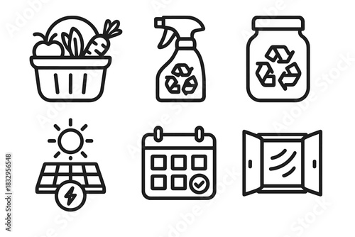 Eco-Friendly Icons. Sustainable Routine Design linear icon set: produce basket, eco cleaning spray, minimal waste jar, solar charge symbol, mindful schedule, fresh air window