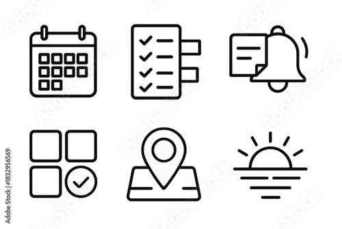 Organized Planning Icons. Daily Planning linear icon set: calendar page, to-do list, time blocks, reminder bell, sticky notes, routine grid, plan marker, day overview icon