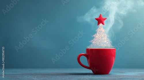 Bright red coffee cup with steaming liquid resembling a festive Christmas tree topped with twinkling lights and a shiny 