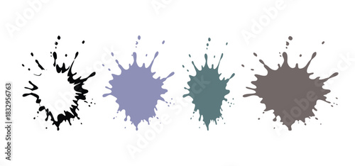 Four abstract ink blots in black, purple, green and brown colors isolated on white background
