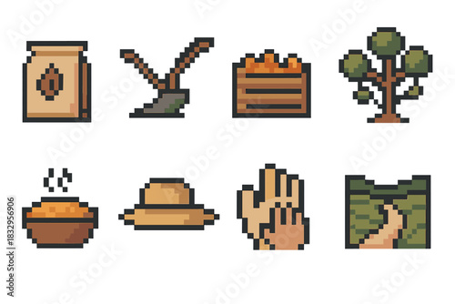 Pixel Art Farming Icons. Family Farming Traditions pixel style icon set: seed bag, old plow, harvest crate, ancestry tree, shared meal bowl, field hat, generational hands, rural