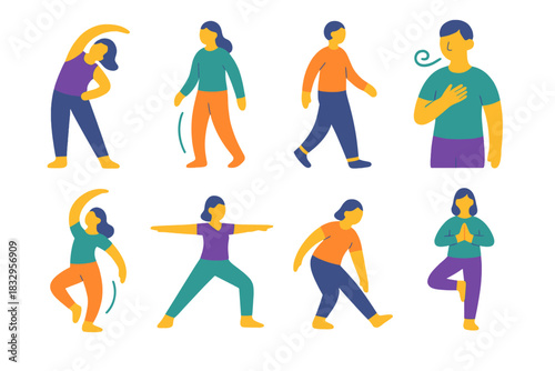 Serene Motion Icons. Gentle Motion Practices flat icon set: slow stretch arc, soft sway line, mindful step, calm breath swirl, flowing arm curve, grounding stance, easeful bend