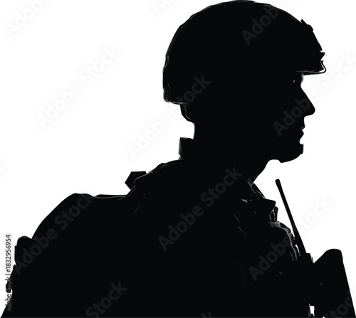 Silhouette soldier in helmet with rifle and radio on white background