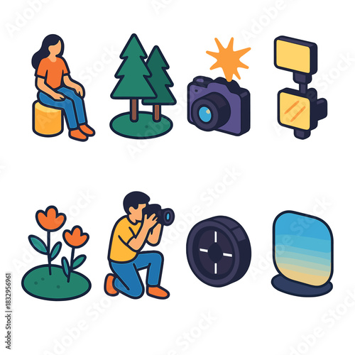 Isometric Photography Icons. Outdoor Portrait Photography flat icon set: subject posing, forest trees, camera flash, soft light, meadow, photographer, lens focus, sky gradient