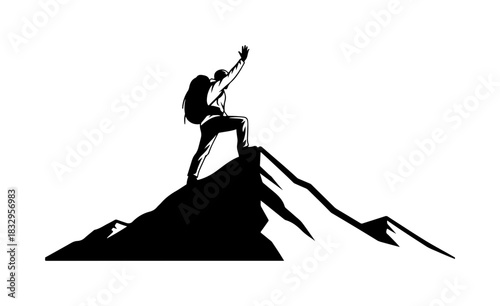 Triumph! Hiker conquering mountain peak, celebrating achievement at summit