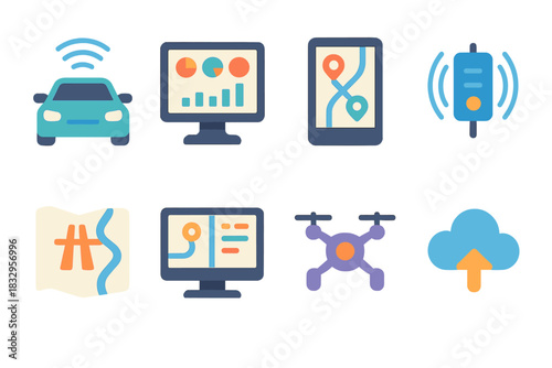 Smart Mobility Icons. Smart Mobility flat icon set: self-driving car, traffic analytics, route planning app, sensor hub, highway map, control center, drone view, data cloud