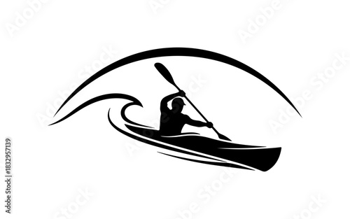 Kayaker silhouette paddling in ocean waves, adventure watersport concept