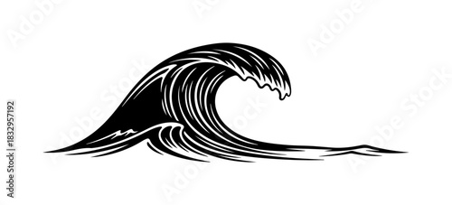 Black and White Stylized Ocean Wave Illustration