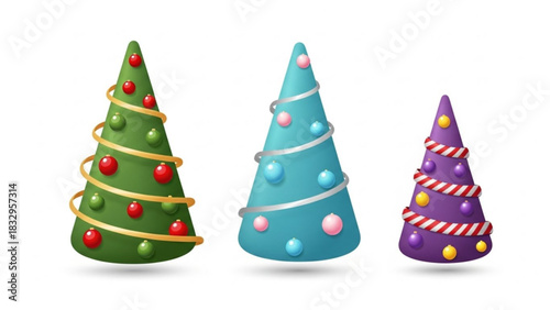 Three stylized christmas trees with different colors and ornaments standing side by side in a row