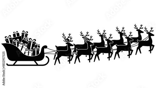 Silhouette of santa's sleigh pulled by reindeer with gifts for christmas eve delivery of presents