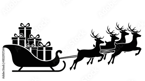 Santa's sleigh with reindeer and gifts in silhouette for christmas holiday celebration design vector