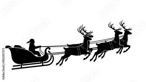 Silhouette of a girl riding in a sleigh pulled by four reindeer in a christmas holiday scene design