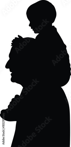 Father carrying child on shoulders silhouette vector Happy family bonding piggyback ride profile view