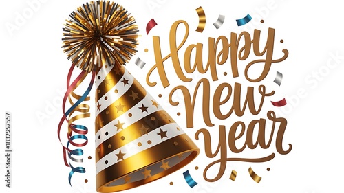 Happy New Year celebration with golden party hat and confetti illustration