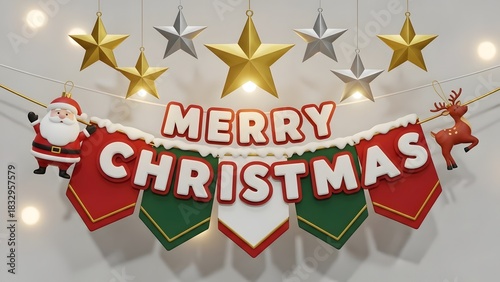 3d illustration of merry christmas banner with santa