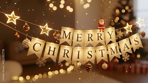 3d illustration of merry christmas banner with warm bokeh lights