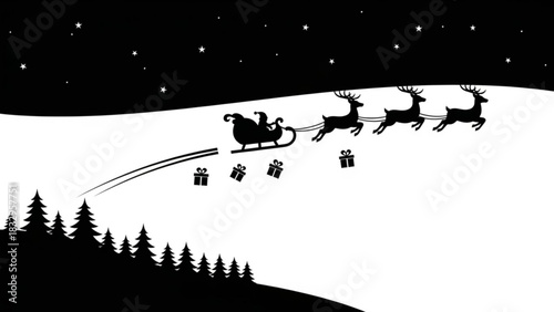 Black and white christmas scene with santa in sleigh pulled by reindeer over snowy landscape at night