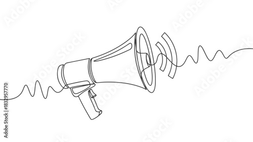 Minimalist one line art of a megaphone with sound waves, a continuous hand-drawn illustration representing communication and announcement