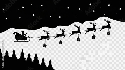 Silhouette of santa claus in sleigh pulled by reindeer delivering gifts on christmas eve night sky backdrop