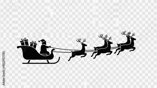 Silhouette of santa claus in a sleigh pulled by reindeer with gifts on a transparent background image