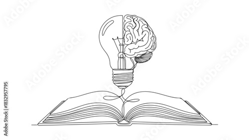 Conceptual continuous one line art illustration of an open book with a lightbulb and brain emerging, symbolizing knowledge and innovation