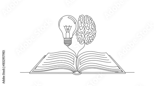 One Line Art Continuous Path from Book to Brain, via Lightbulb Illustration