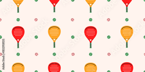 Сolorful seamless padel rackets and balls pattern.Paddle equipment repeat cover ornament.Hand drawn sport fitness concept.Wallpapers,wrapping paper,active lifestyle branding.Vector illustration EPS10
