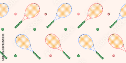 Сolorful seamless tennis rackets and balls pattern.Tennis equipment repeat cover ornament.Hand drawn sport fitness concept.Wallpapers,wrapping paper,active lifestyle branding.Vector illustration EPS10