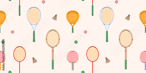 Сolorful seamless tennis,padel,badminton,ping pong rackets and balls pattern.Tennis equipment repeat cover ornament,wallpapers,wrapping paper.Hand drawn sport fitness concept.Vector illustration EPS10