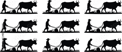 Ox, plow, farmer, silhouette, agriculture, soil, grass, posture, rural, field, vector, black, pose, setup, tradition, cultivation, equipment, landscape, harvest, flavector