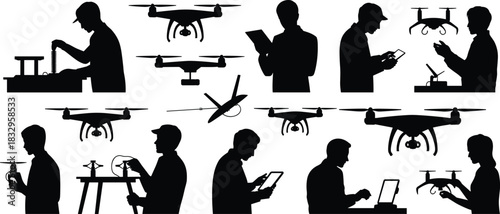 Drone, engineering, silhouette, piloting, posture, controller, inspection, repair, workstation, tablet, vector, black, pose, setup, flying, maintenance, technology, assembly, equipment, flavector