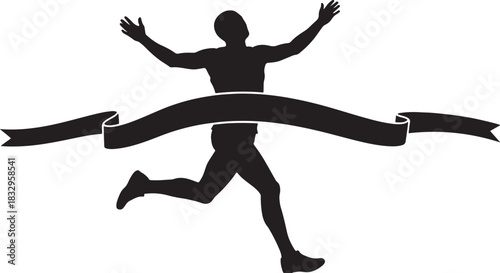 Black silhouette of a runner at finish line on white background, vector