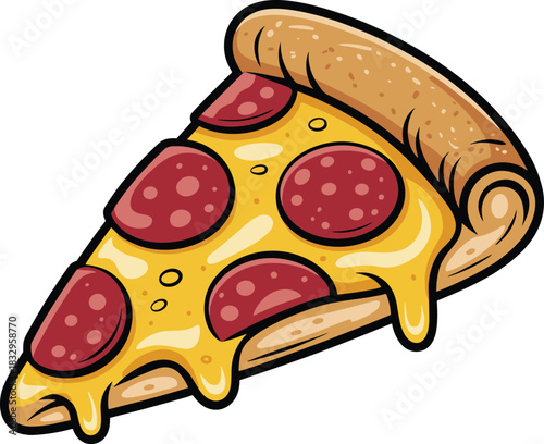 Cartoon pepperoni pizza slice illustration with melted cheese, crispy crust, tasty toppings, fun food graphic design for menu and branding