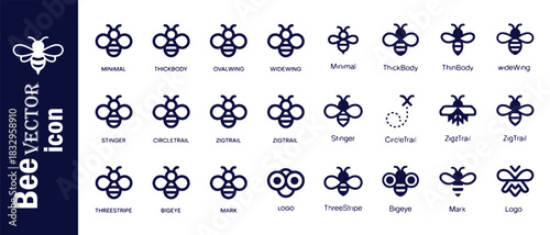 Bee vector icon set. collection of simple line elements. vector illustration in a flat design style