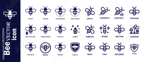 Bee vector icon set features various representations of bees in different states and with various elements
